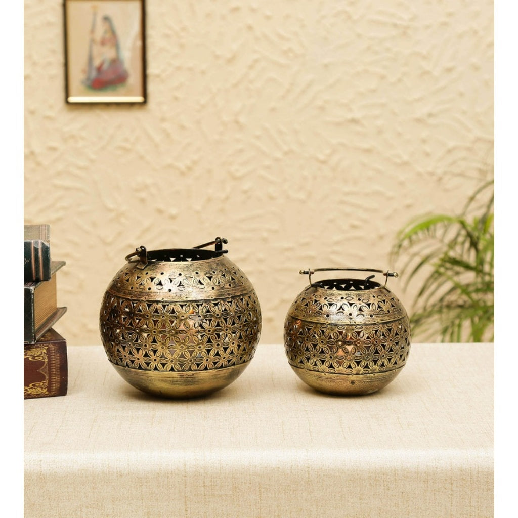Moroccan Metal Hanging T-Light Holder Set of 2 - The Gharnish - A Unit of Satkala Creations