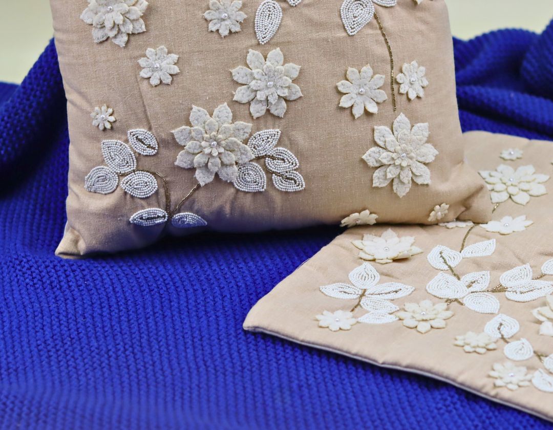 Pearl White Cushions with beads Set of 5 - The Gharnish - A Unit of Satkala Creations