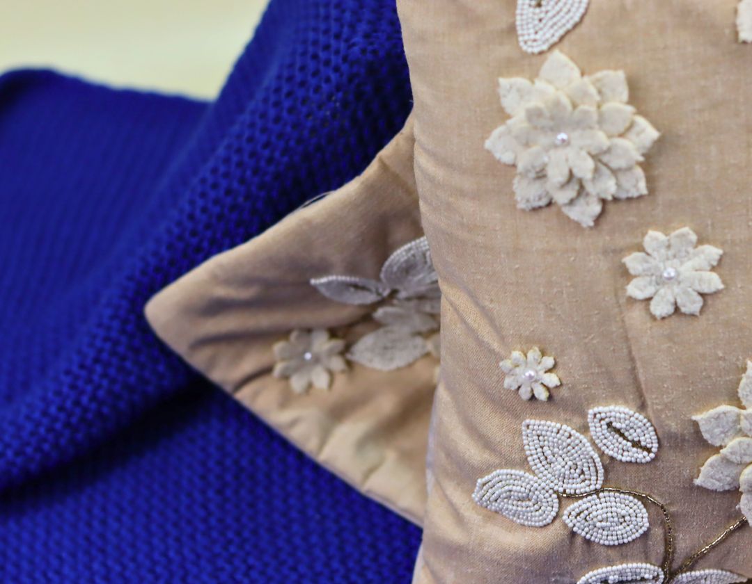 Pearl White Cushions with beads Set of 5 - The Gharnish - A Unit of Satkala Creations
