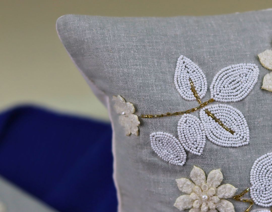 Pearl White Cushions with beads Set of 5 - The Gharnish - A Unit of Satkala Creations