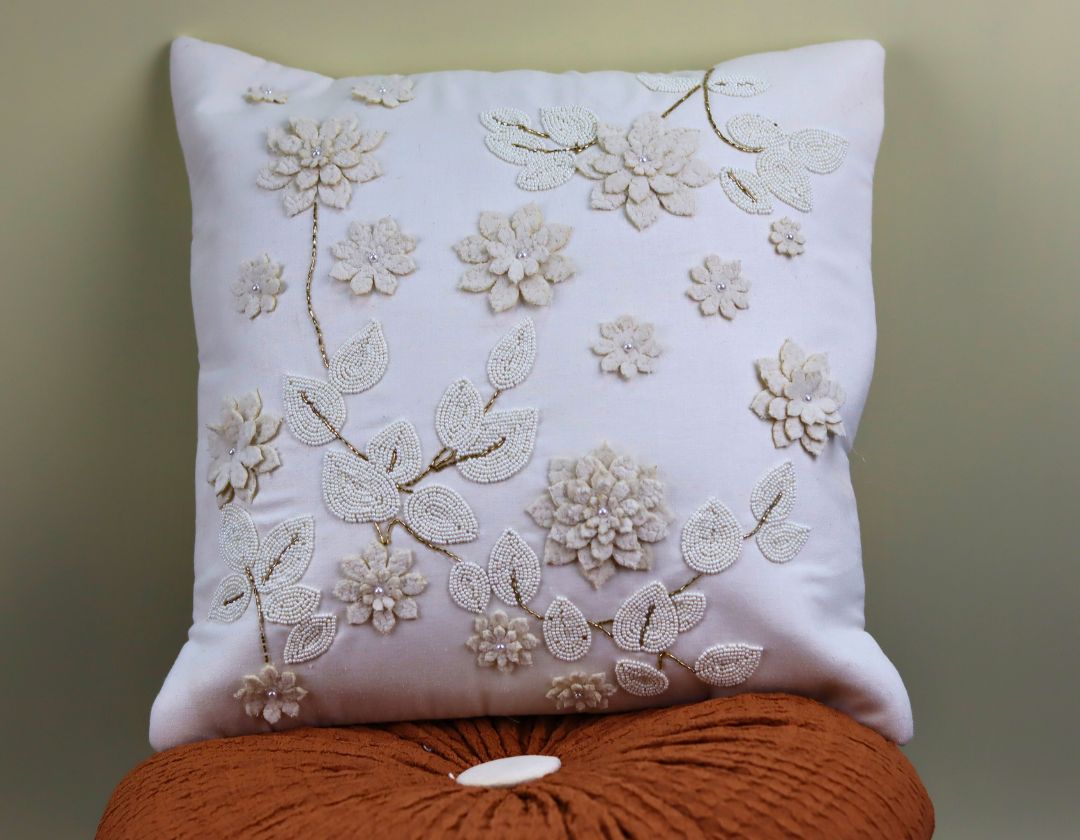 Pearl White Cushions with beads Set of 5 - The Gharnish - A Unit of Satkala Creations