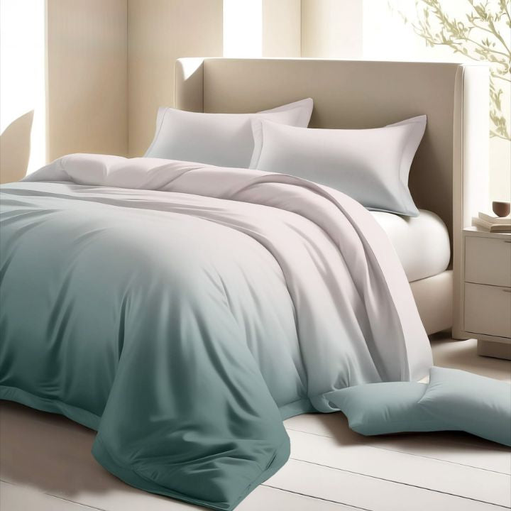 Colorful cotton bedding set from The Gharnish Ombrey series featuring vibrant, 300 thread count fabric with intricate patterns.