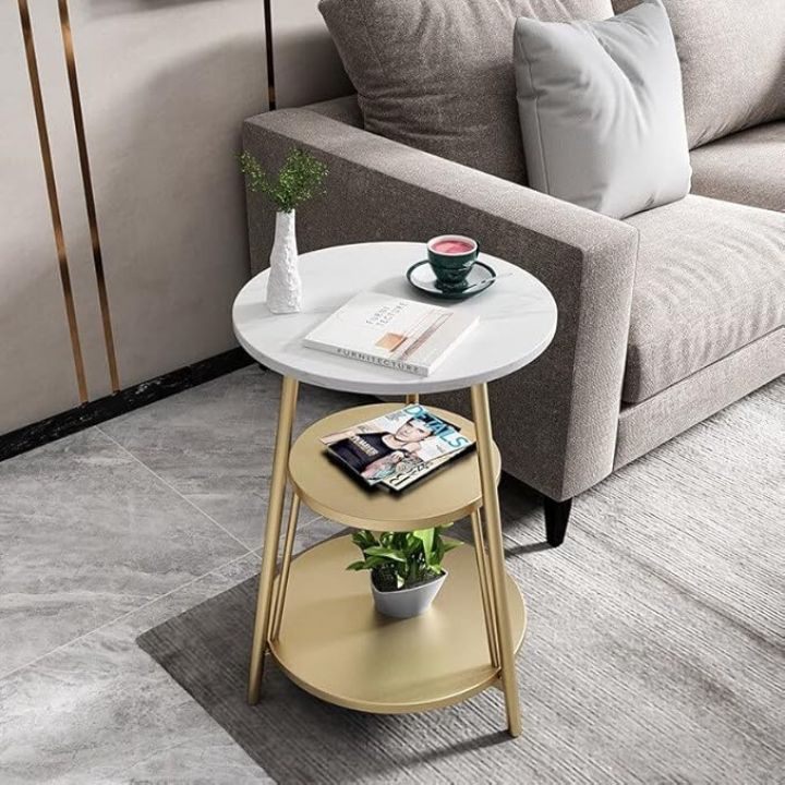 3 Tier Marble and Iron Round Side Table and Bedside table - The Gharnish - A Unit of Satkala Creations