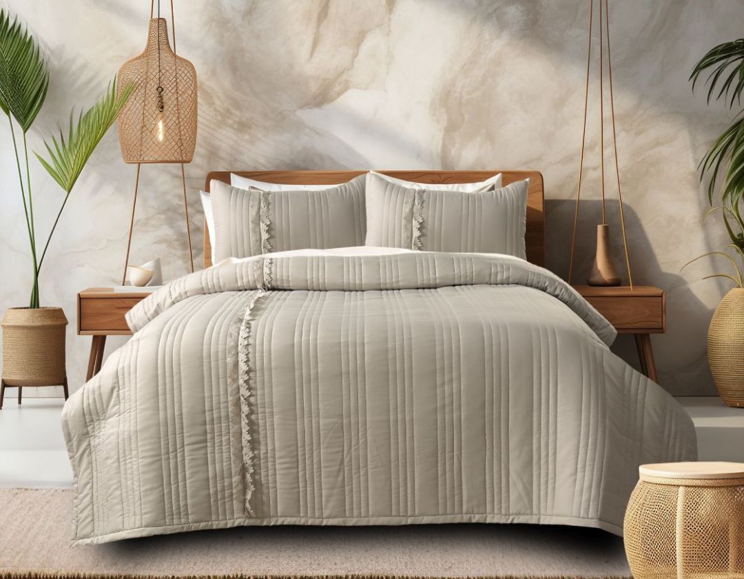 Designer quilted bedcover with cut work frill in king size, bedding by The Gharnish featuring intricate quilting design and decorative frill.