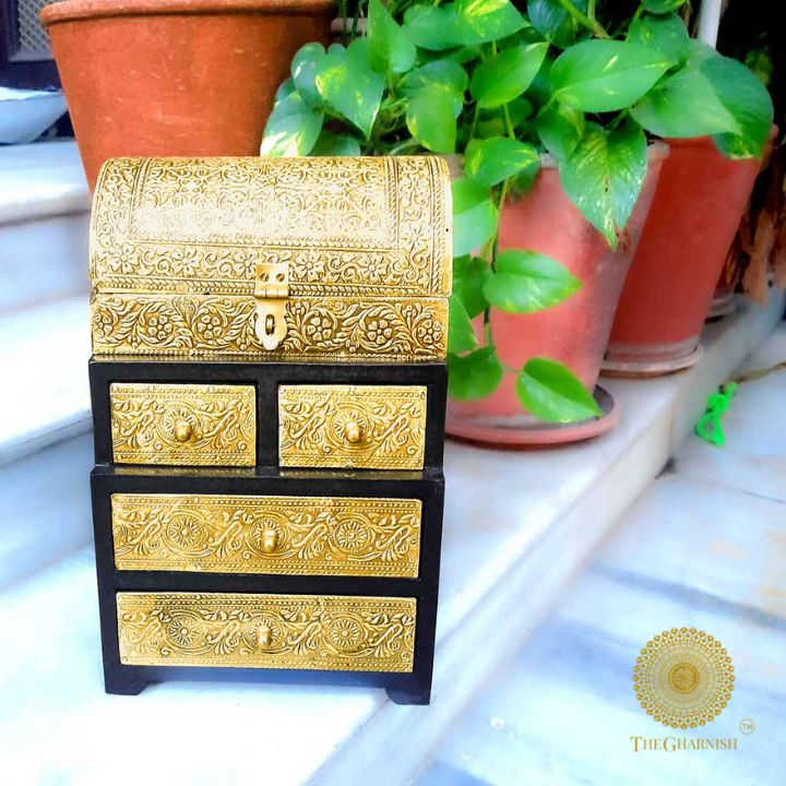 Vintage Brass Plating Jewellery Box - The Gharnish - A Unit of Satkala Creations