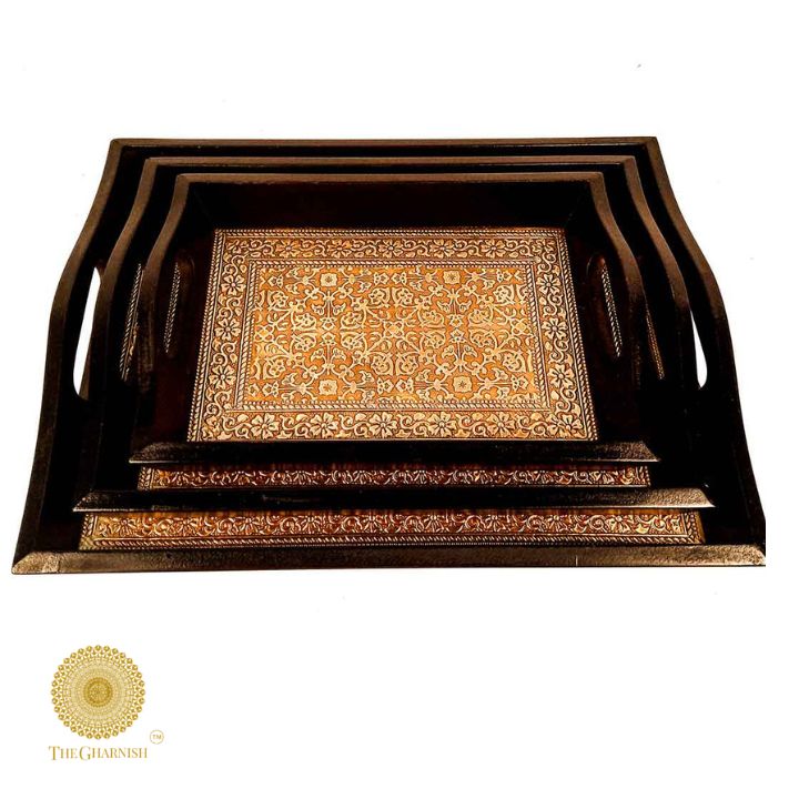 Wooden Tray with Brass Plating - The Gharnish - A Unit of Satkala Creations