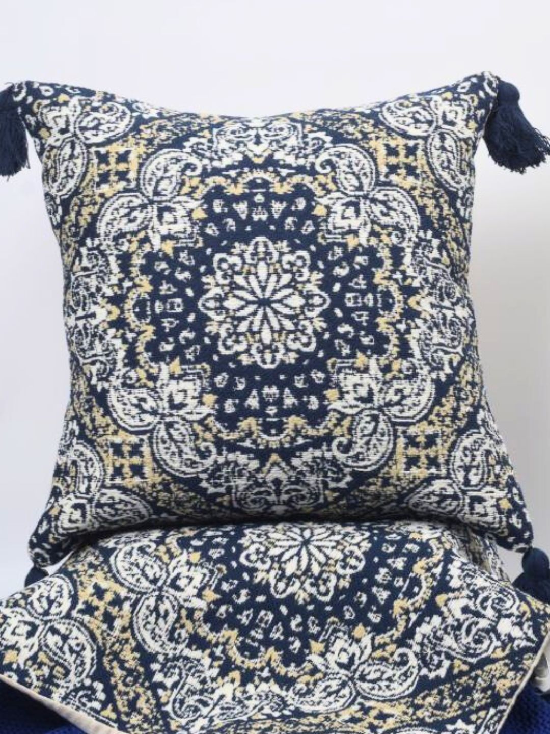 Pure Cotton Blue Hanblocked Cushion Cover with Tussels - The Gharnish - A Unit of Satkala Creations