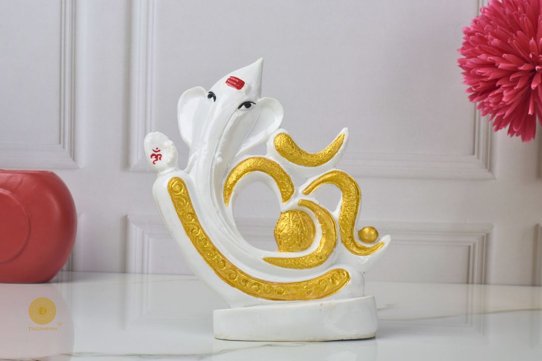 Unique White Marble Om Ganesha Statue - The Gharnish - A Unit of Satkala Creations