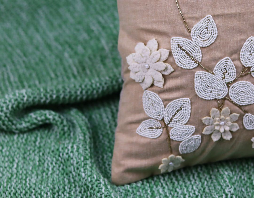 Pearl White Cushions with beads Set of 5 - The Gharnish - A Unit of Satkala Creations