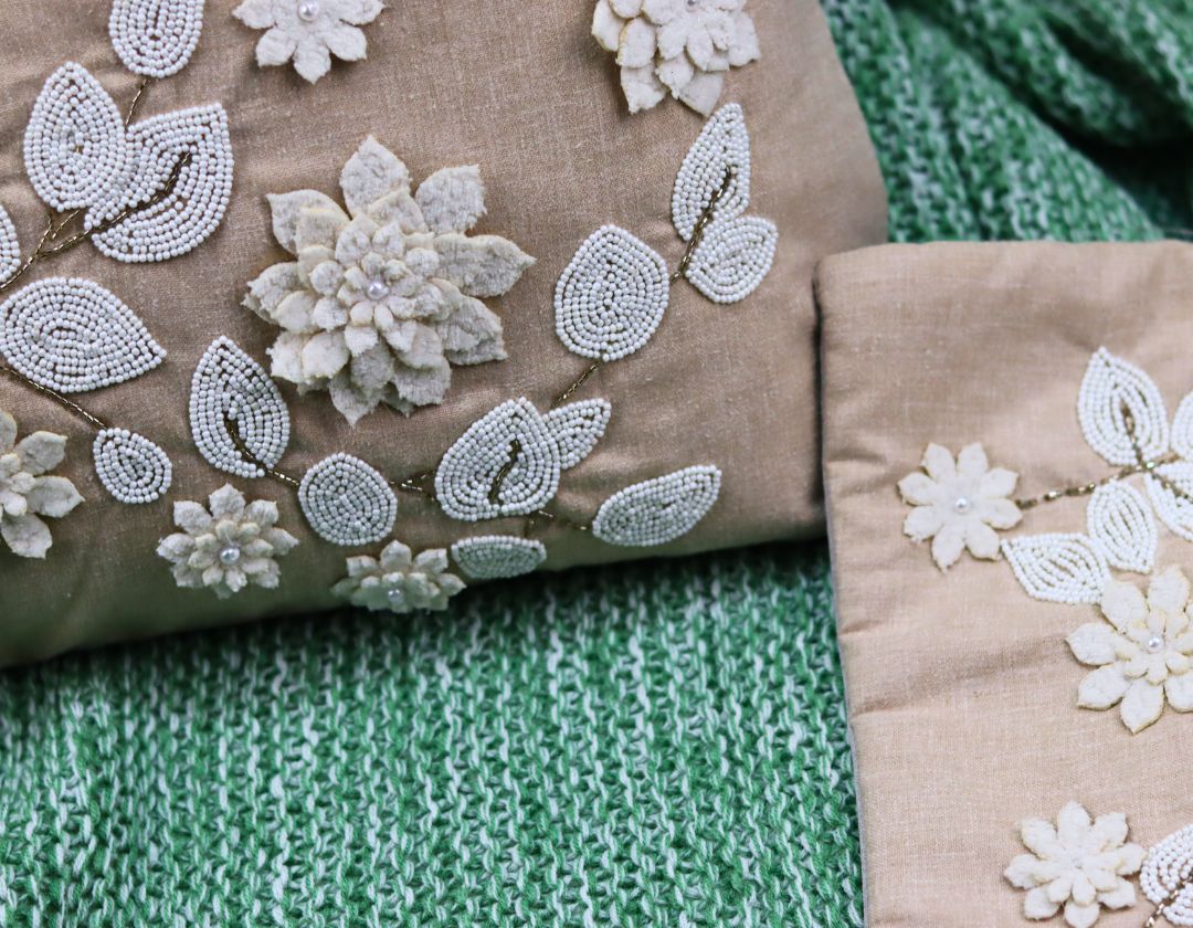 Pearl White Cushions with beads Set of 5 - The Gharnish - A Unit of Satkala Creations