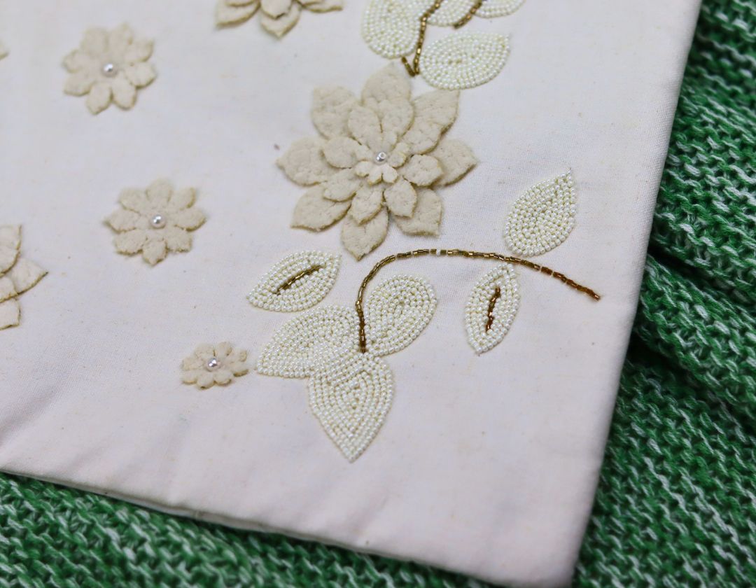 Pearl White Cushions with beads Set of 5 - The Gharnish - A Unit of Satkala Creations