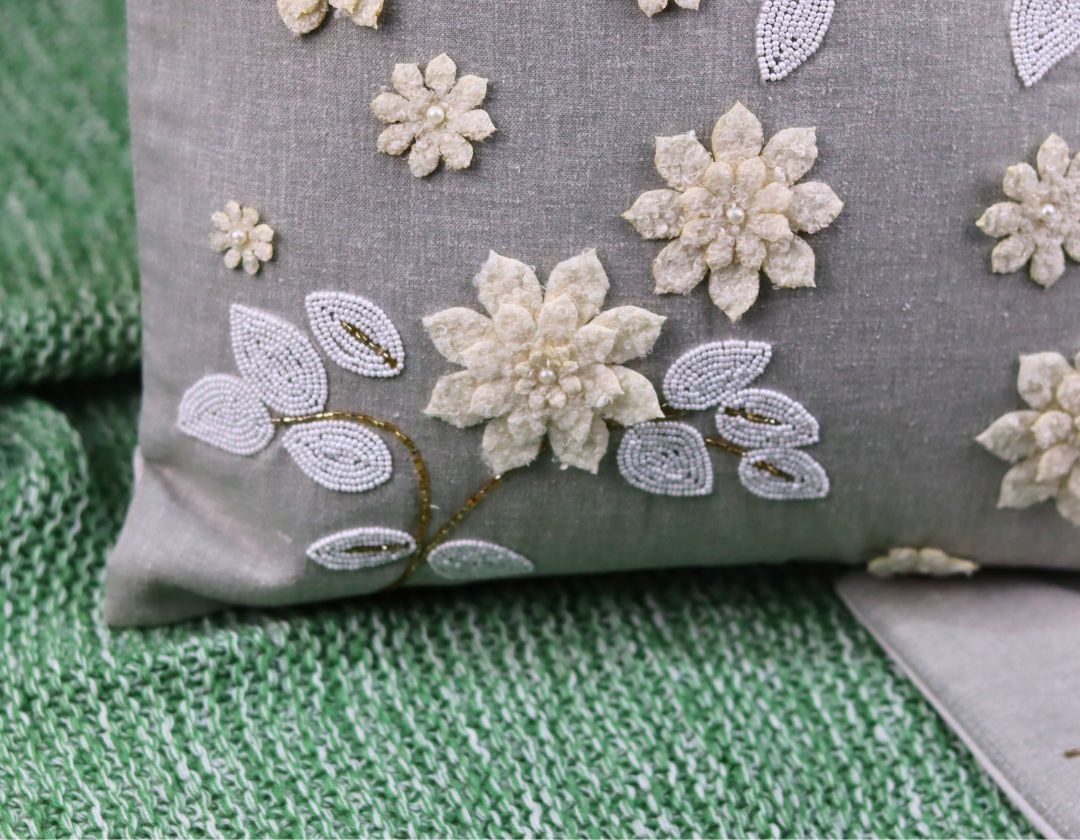 Pearl White Cushions with beads Set of 5 - The Gharnish - A Unit of Satkala Creations