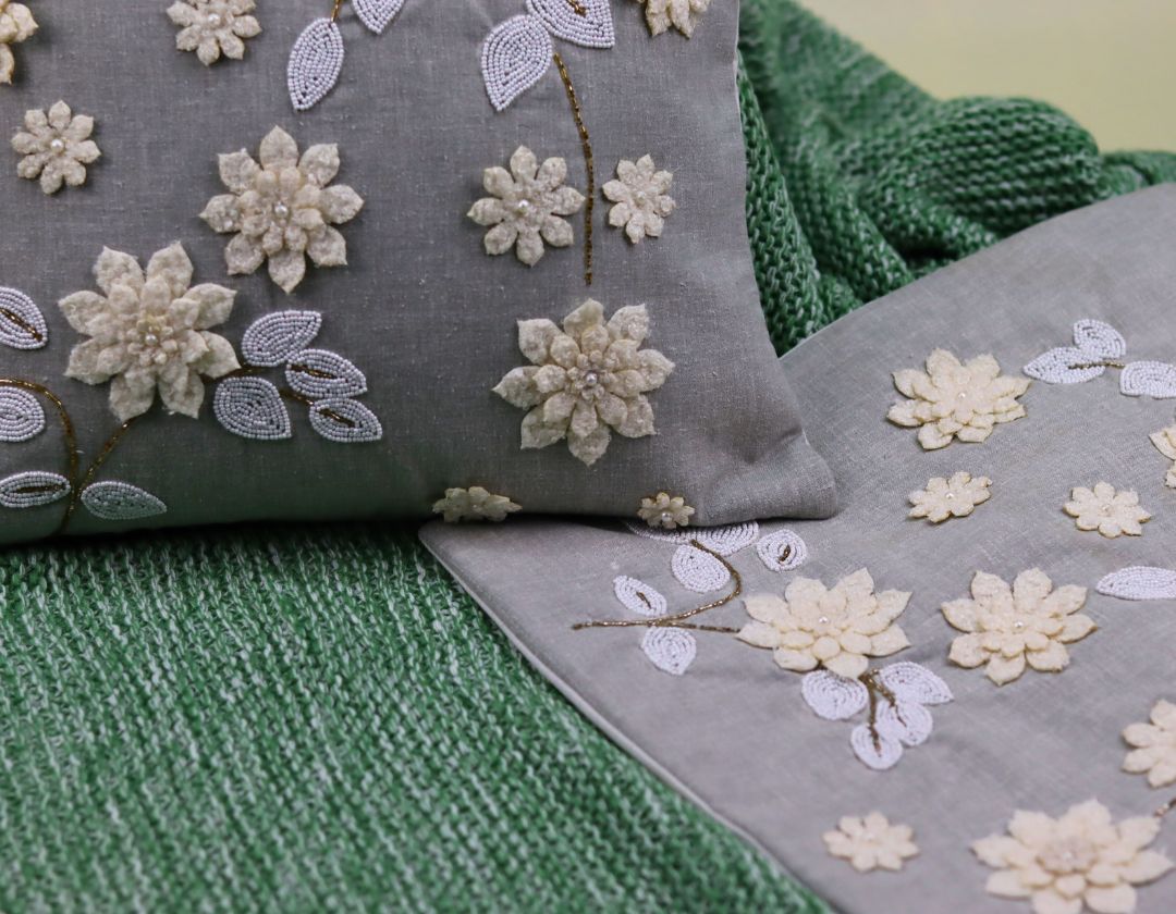 Pearl White Cushions with beads Set of 5 - The Gharnish - A Unit of Satkala Creations