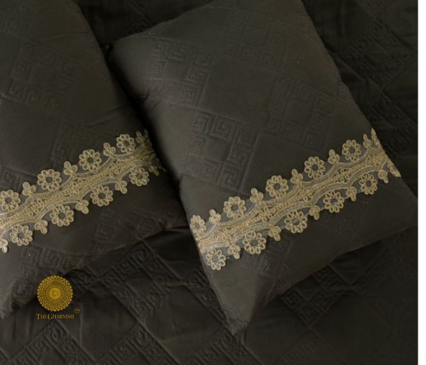 Serenity Designer Versace Pattern Quilted Bedding Set of 5 With Lace - The Gharnish - A Unit of Satkala Creations