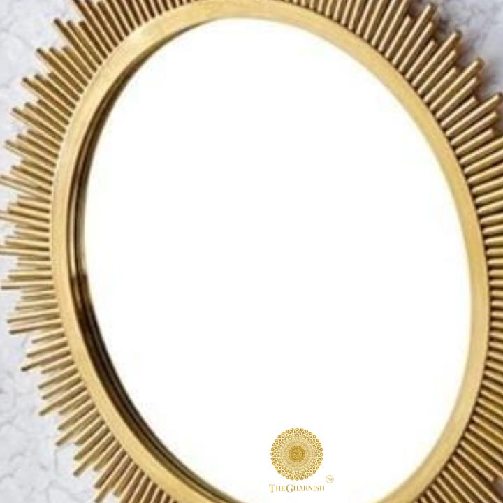 Golden Pipe Sticks metallic wall mirror with 32-inch diameter, featuring a modern design and reflective glass surface.