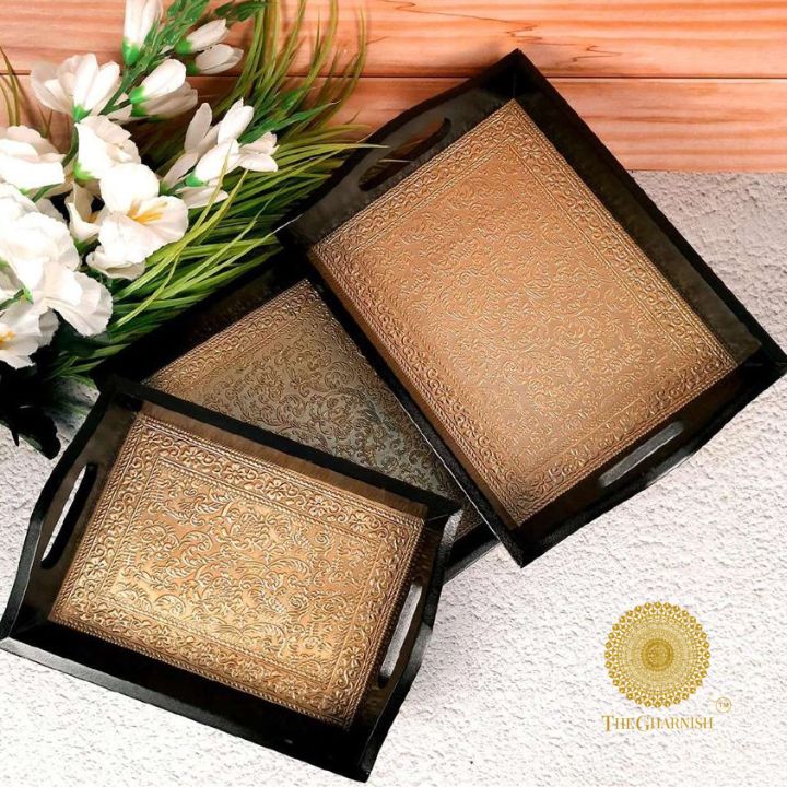 Wooden Tray with Brass Plating - The Gharnish - A Unit of Satkala Creations