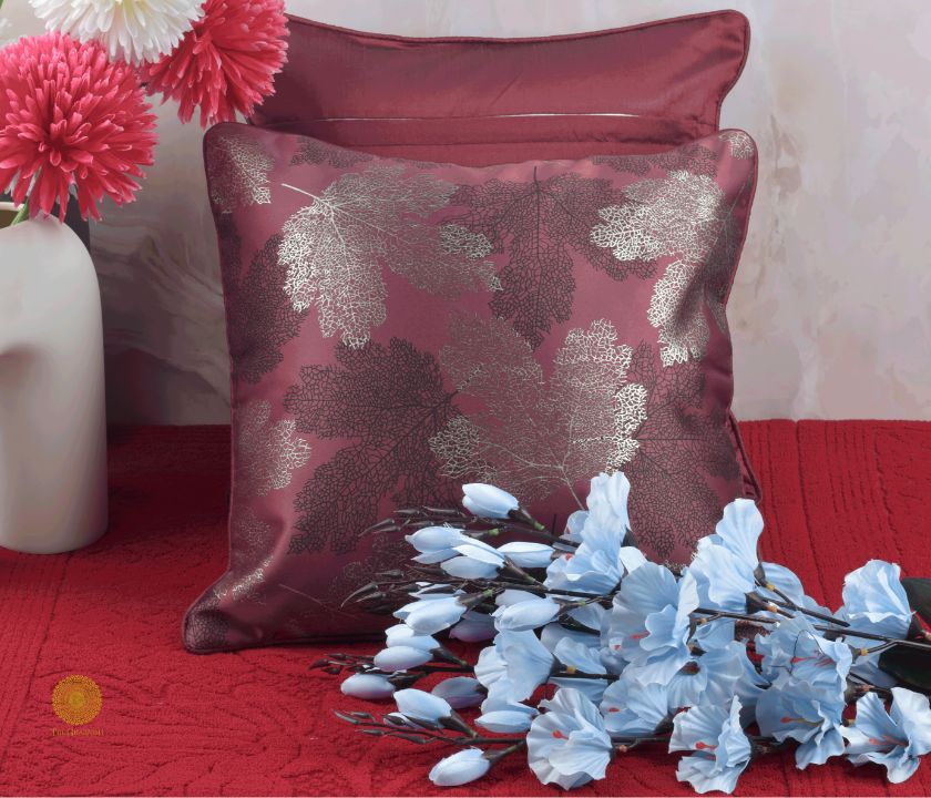 Maple Leaf Pattern Dark Grey Cushion Set of 2 - The Gharnish - A Unit of Satkala Creations