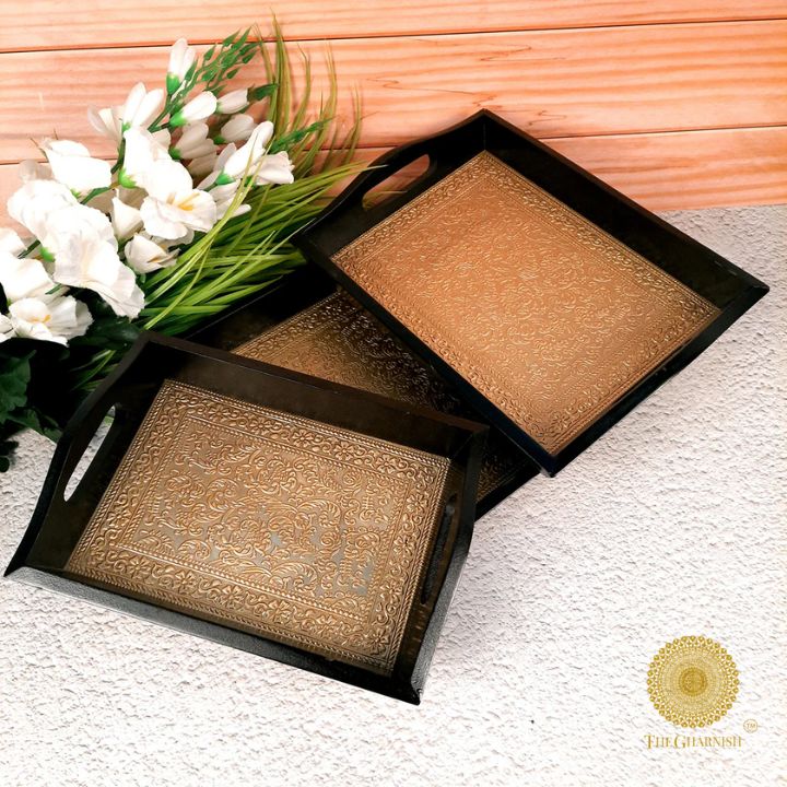 Wooden Tray with Brass Plating - The Gharnish - A Unit of Satkala Creations