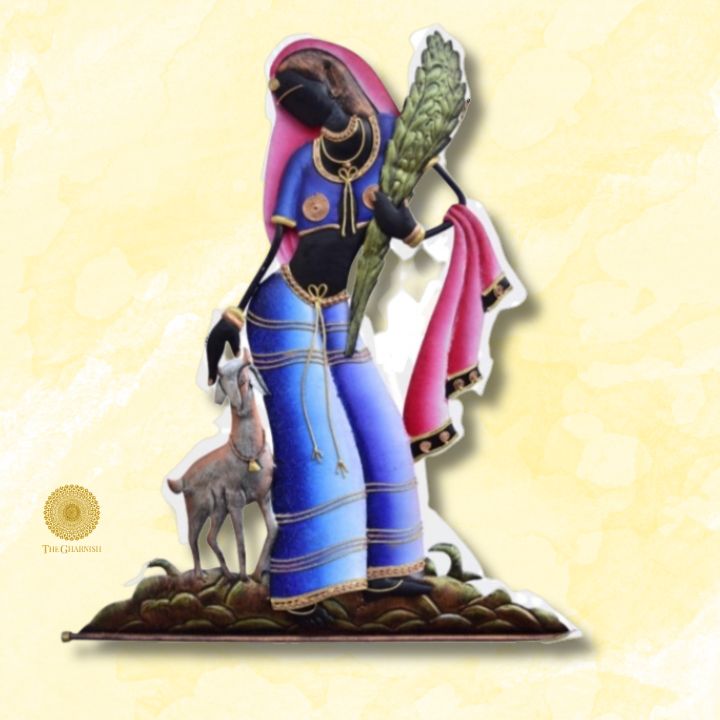 Metallic Wall Art - Women With Goat (9 x 16 Inches) - The Gharnish - A Unit of Satkala Creations