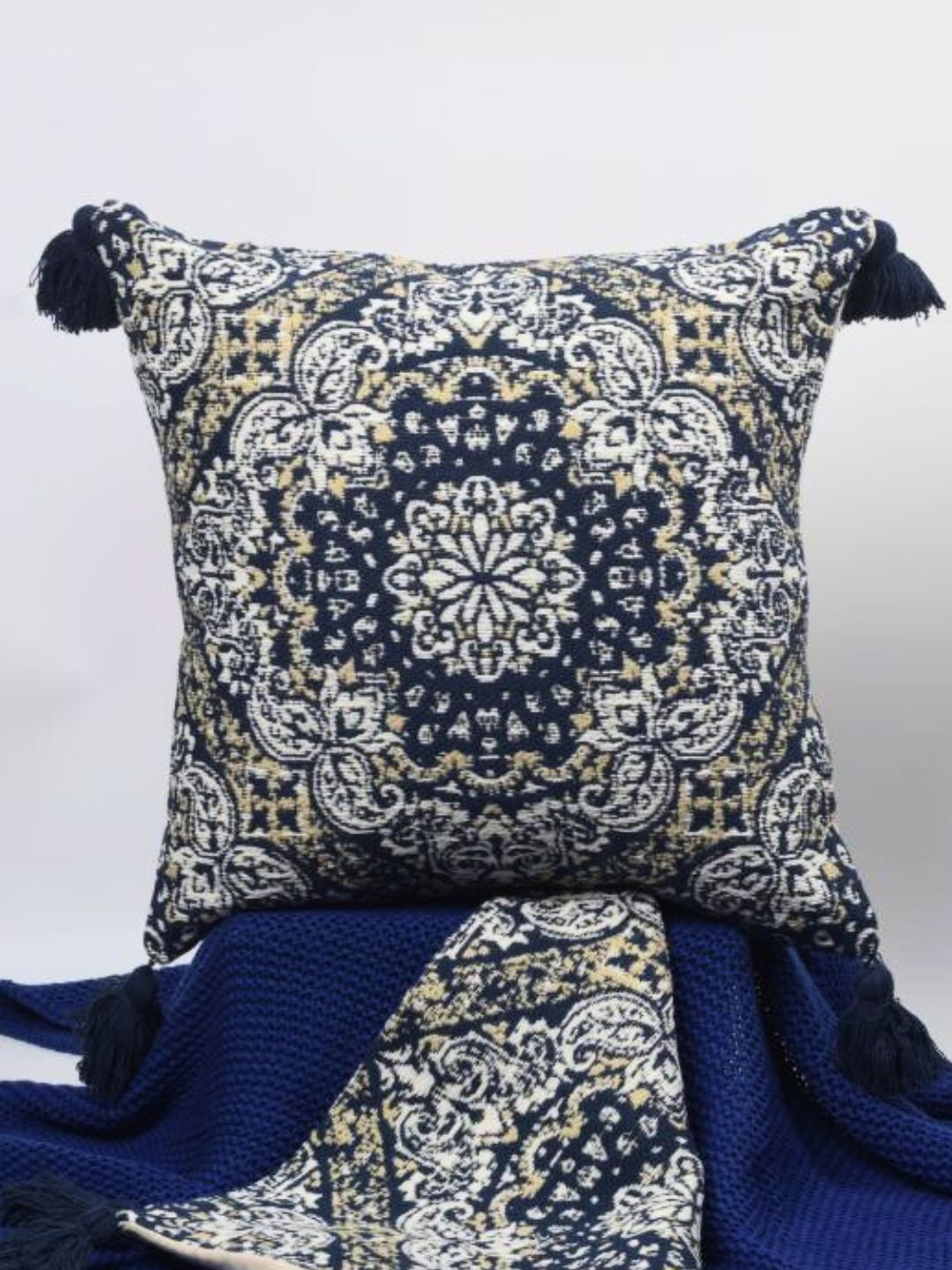 Pure Cotton Blue Hanblocked Cushion Cover with Tussels - The Gharnish - A Unit of Satkala Creations