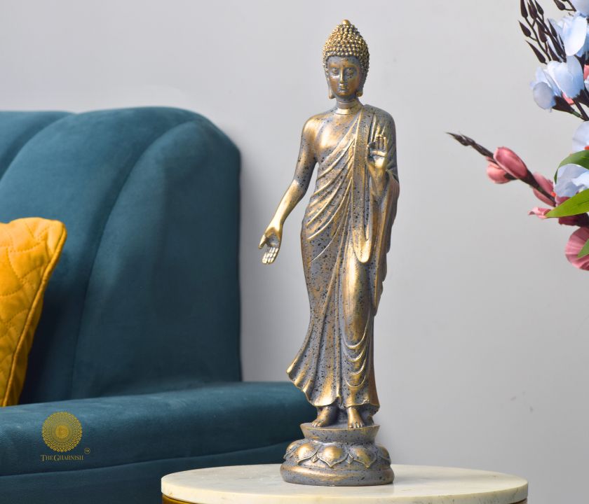 Handmade Decorated Standing Buddha Statue - The Gharnish - A Unit of Satkala Creations