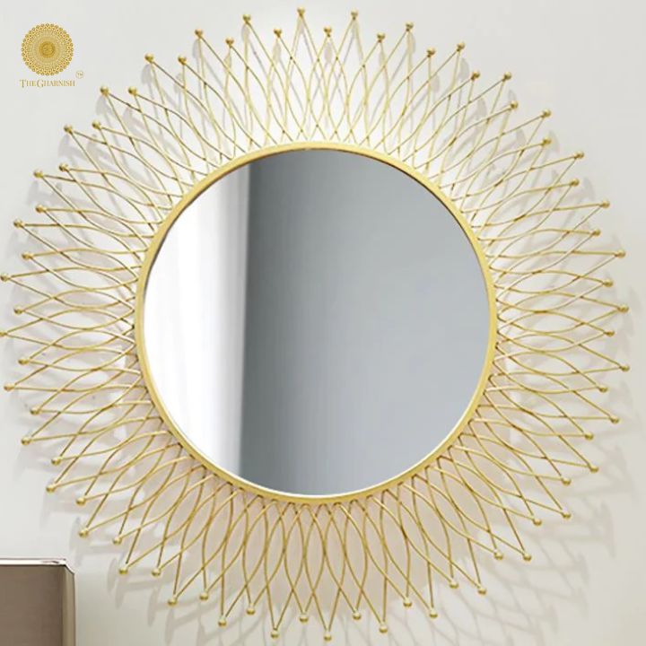 Sticks Leaf Round Metallic Wall Mirror (30 Inches Dia) - The Gharnish - A Unit of Satkala Creations