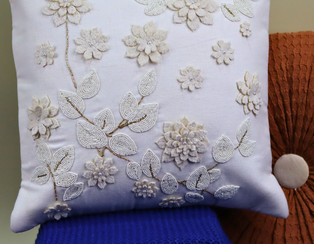 Pearl White Cushions with beads Set of 5 - The Gharnish - A Unit of Satkala Creations