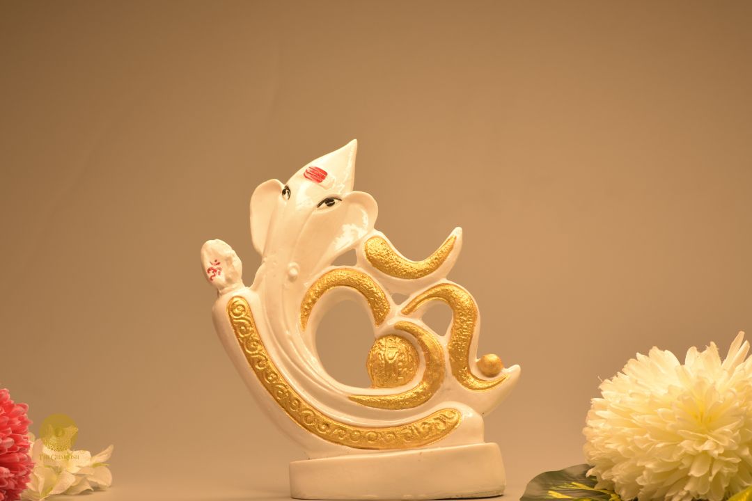 Unique White Marble Om Ganesha Statue - The Gharnish - A Unit of Satkala Creations