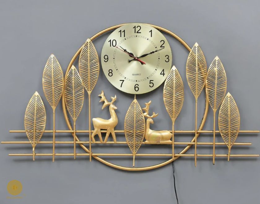 Metallic Dear and Leaf Wall Clock (48x25 Inches) - The Gharnish - A Unit of Satkala Creations