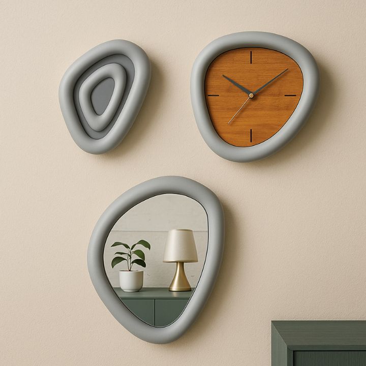Organic Shape Wall Decor Set – Modern Clock, Mirror & Art Panel (Set of 3)