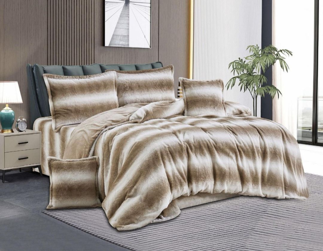 Super soft rabbit fur winter bedding comforter set with six pieces, featuring plush, cozy bedding for cold nights.