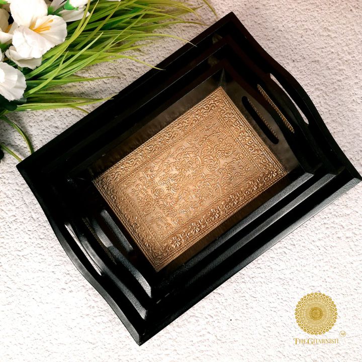 Wooden Tray with Brass Plating - The Gharnish - A Unit of Satkala Creations
