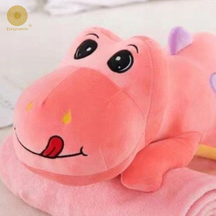 Pink Dinosaur Super Soft Toy with Ac Blanket Inside - The Gharnish - A Unit of Satkala Creations