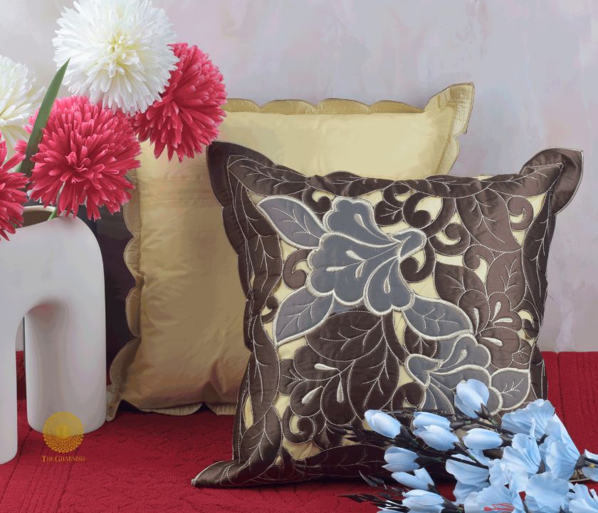 Silk Leaf Cut Work Cushion Cover- Set of 2 - The Gharnish - A Unit of Satkala Creations