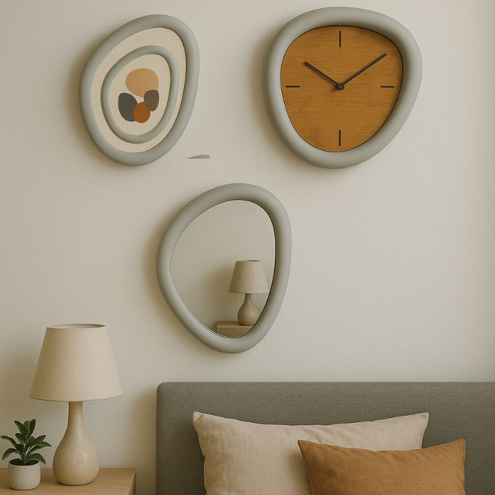 Organic Shape Wall Decor Set – Modern Clock, Mirror & Art Panel (Set of 3)