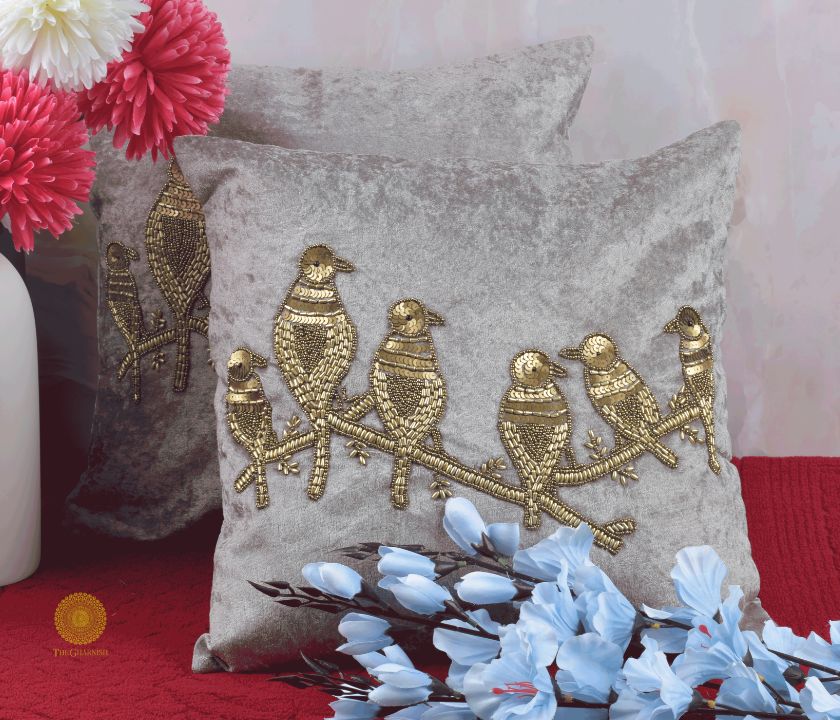 Velvet Bird Beaded Sequin Cushion Covers - The Gharnish - A Unit of Satkala Creations