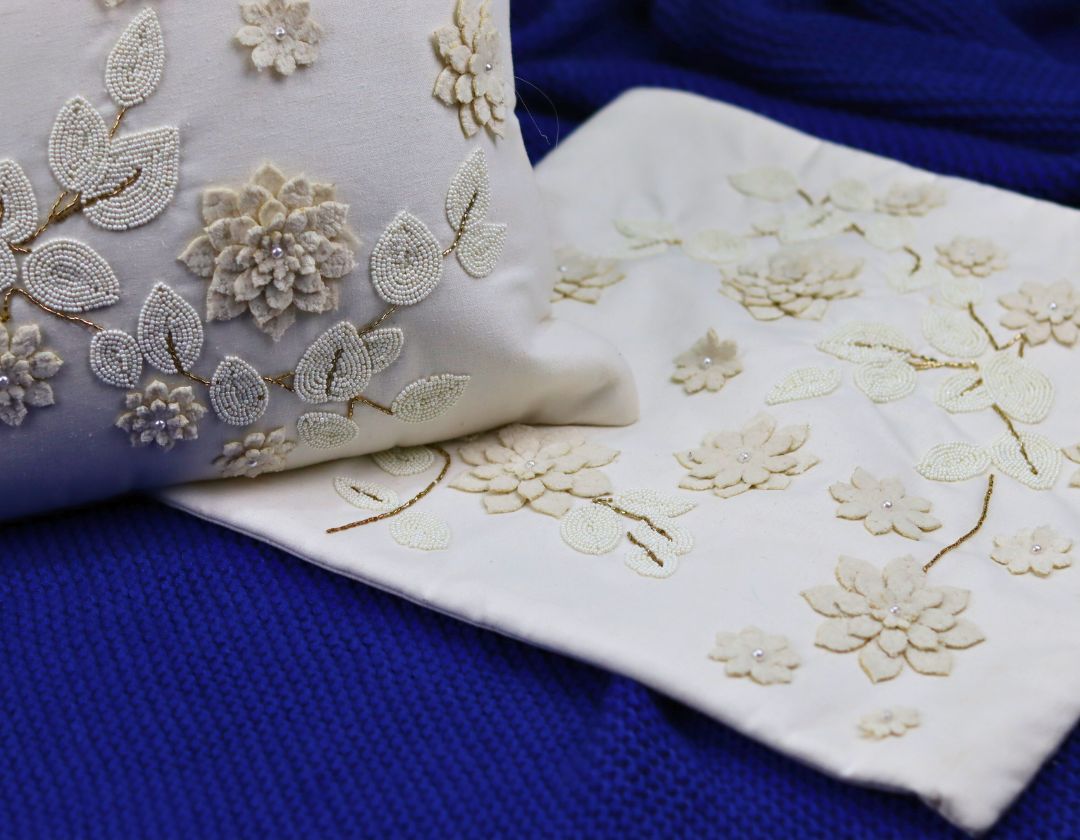 Pearl White Cushions with beads Set of 5 - The Gharnish - A Unit of Satkala Creations