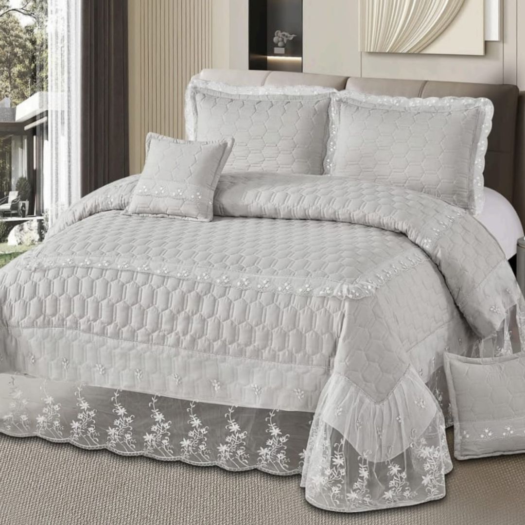 Super soft cotton feel king size 5-piece quilted bedcover with frills from The Gharnish, showcasing detailed quilting and elegant design.