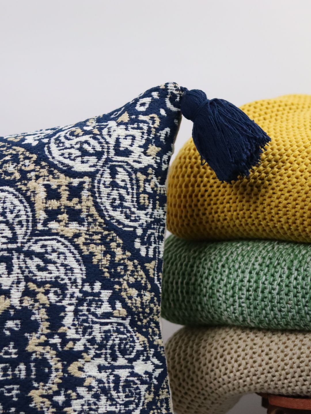 Pure Cotton Blue Hanblocked Cushion Cover with Tussels - The Gharnish - A Unit of Satkala Creations