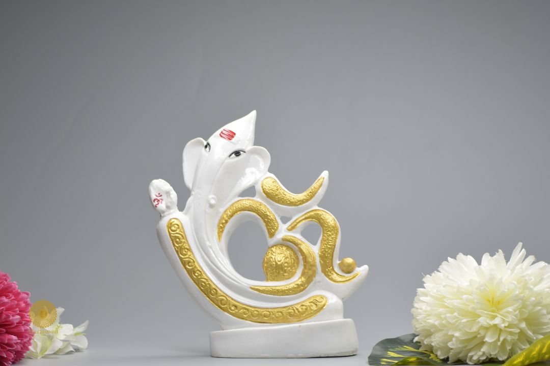 Unique White Marble Om Ganesha Statue - The Gharnish - A Unit of Satkala Creations