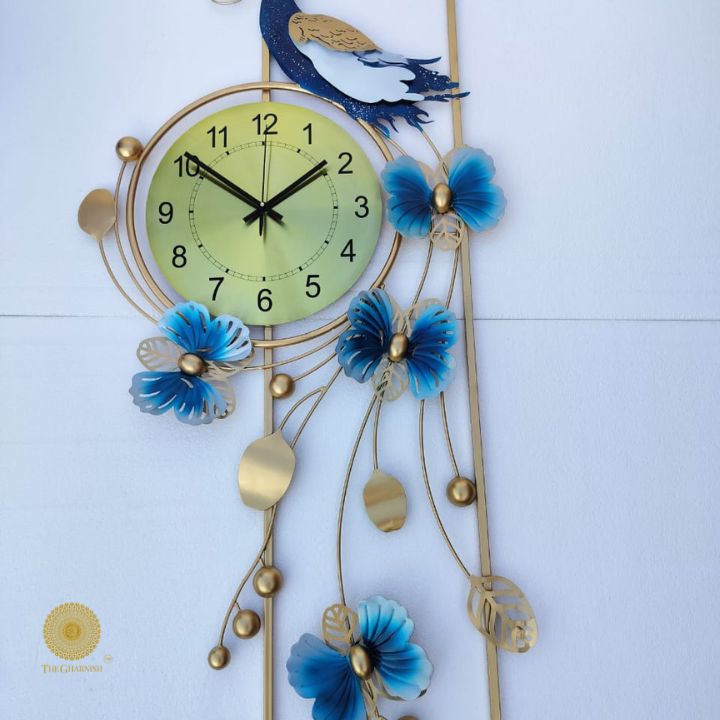 Peacock Flowers Wall Clock (47 x 21 Inches Approx) - The Gharnish - A Unit of Satkala Creations