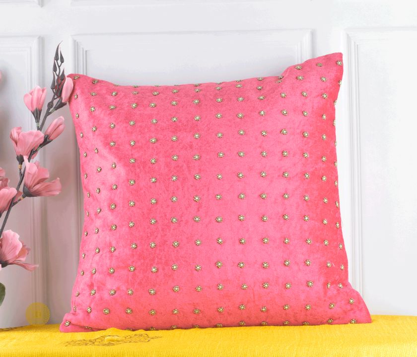 Stone Work Taffeta Silk Cushion Cover Set of 2 - The Gharnish - A Unit of Satkala Creations