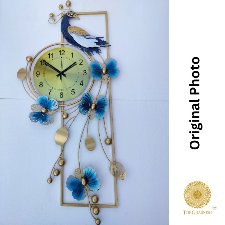 Peacock Flowers Wall Clock (47 x 21 Inches Approx) - The Gharnish - A Unit of Satkala Creations