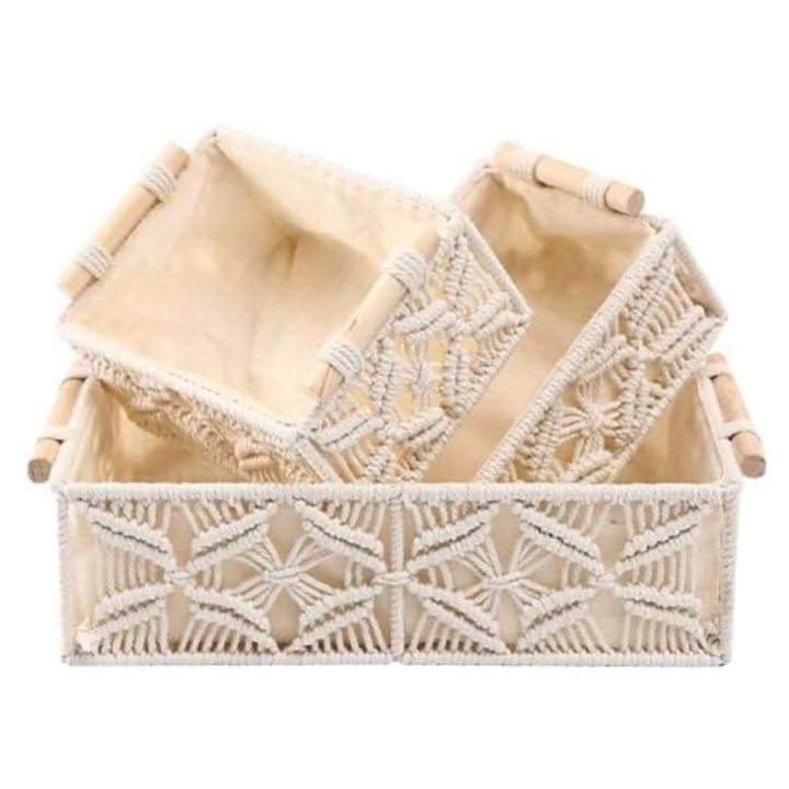 Macrame Basket with wooden Handles Set of 3 - The Gharnish - A Unit of Satkala Creations