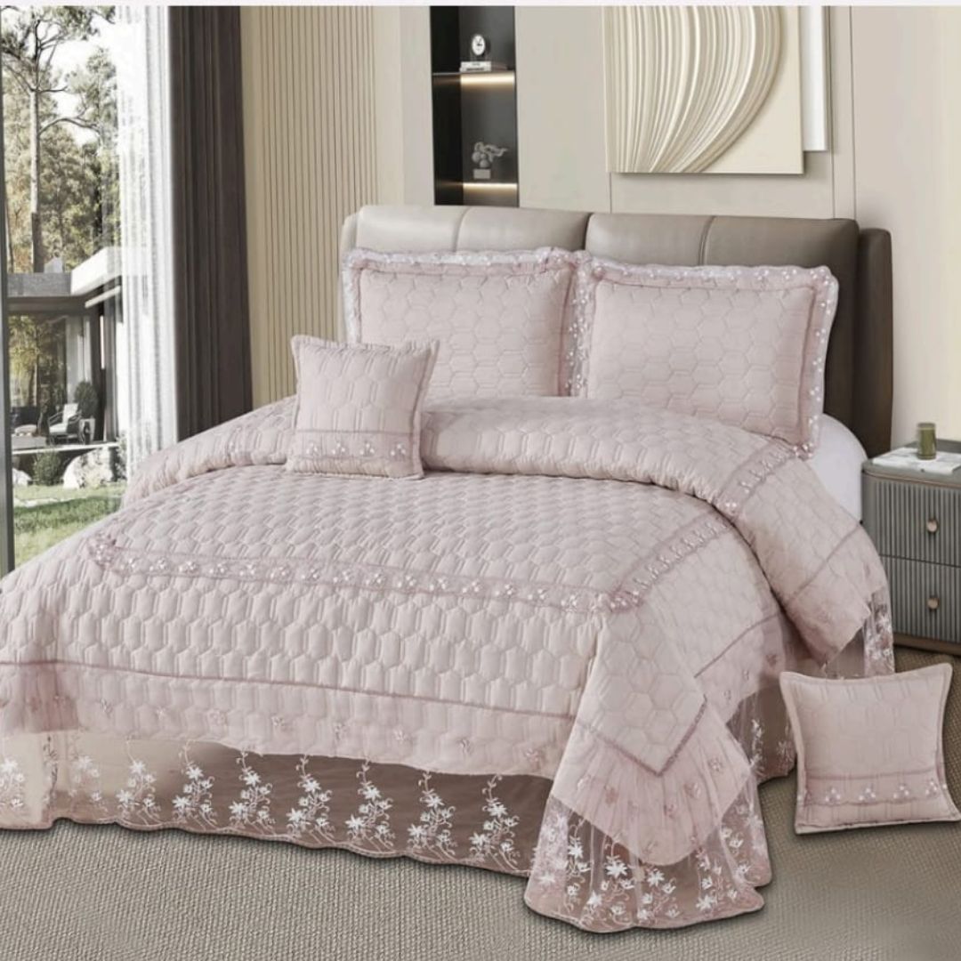 Super Soft Cotton feel King Size 5 Pc Quilted bedcover with frill - The Gharnish - A Unit of Satkala Creations