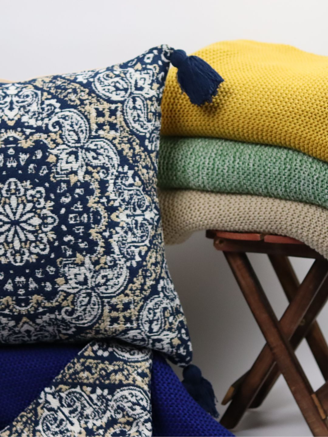 Pure Cotton Blue Hanblocked Cushion Cover with Tussels - The Gharnish - A Unit of Satkala Creations