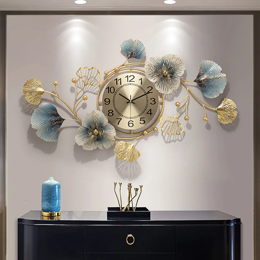 Floral Metallic Wall Hanging Clock - 48 x 18 Inches - The Gharnish - A Unit of Satkala Creations