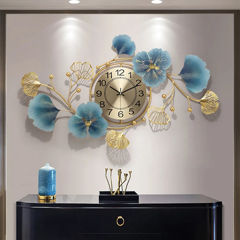Floral Metallic Wall Hanging Clock - 48 x 18 Inches - The Gharnish - A Unit of Satkala Creations
