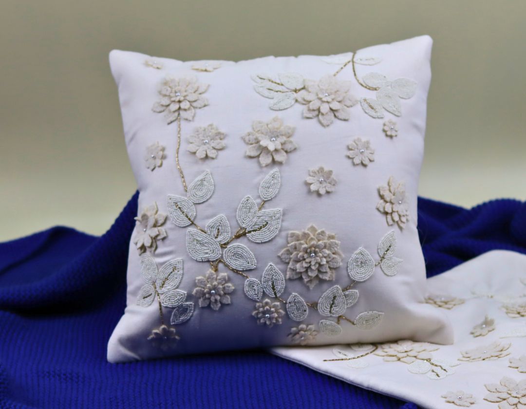 Pearl White Cushions with beads Set of 5 - The Gharnish - A Unit of Satkala Creations