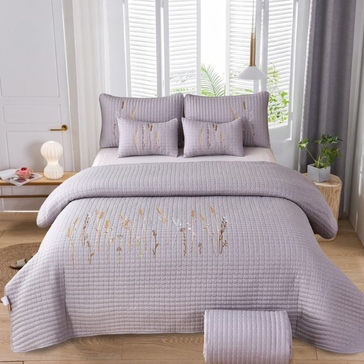 Crimson Gracious Thread Craft embroidered 6-piece bedding set with detailed floral patterns on the bedspread and matching pillow shams.